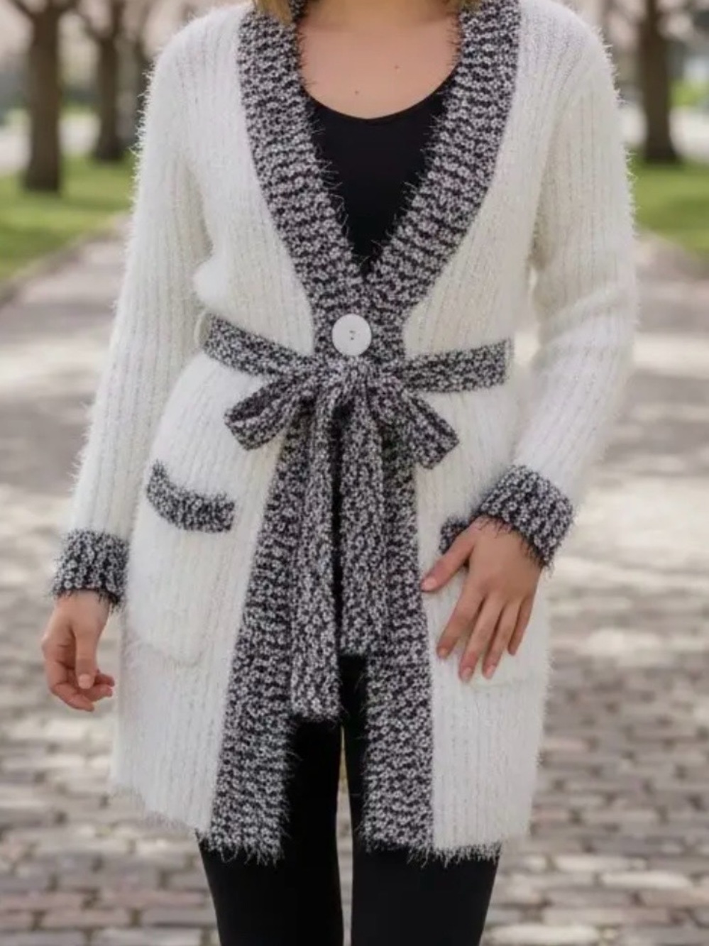 Paris Paris White & Gray Textured Knit Belted Cardigan Sweater